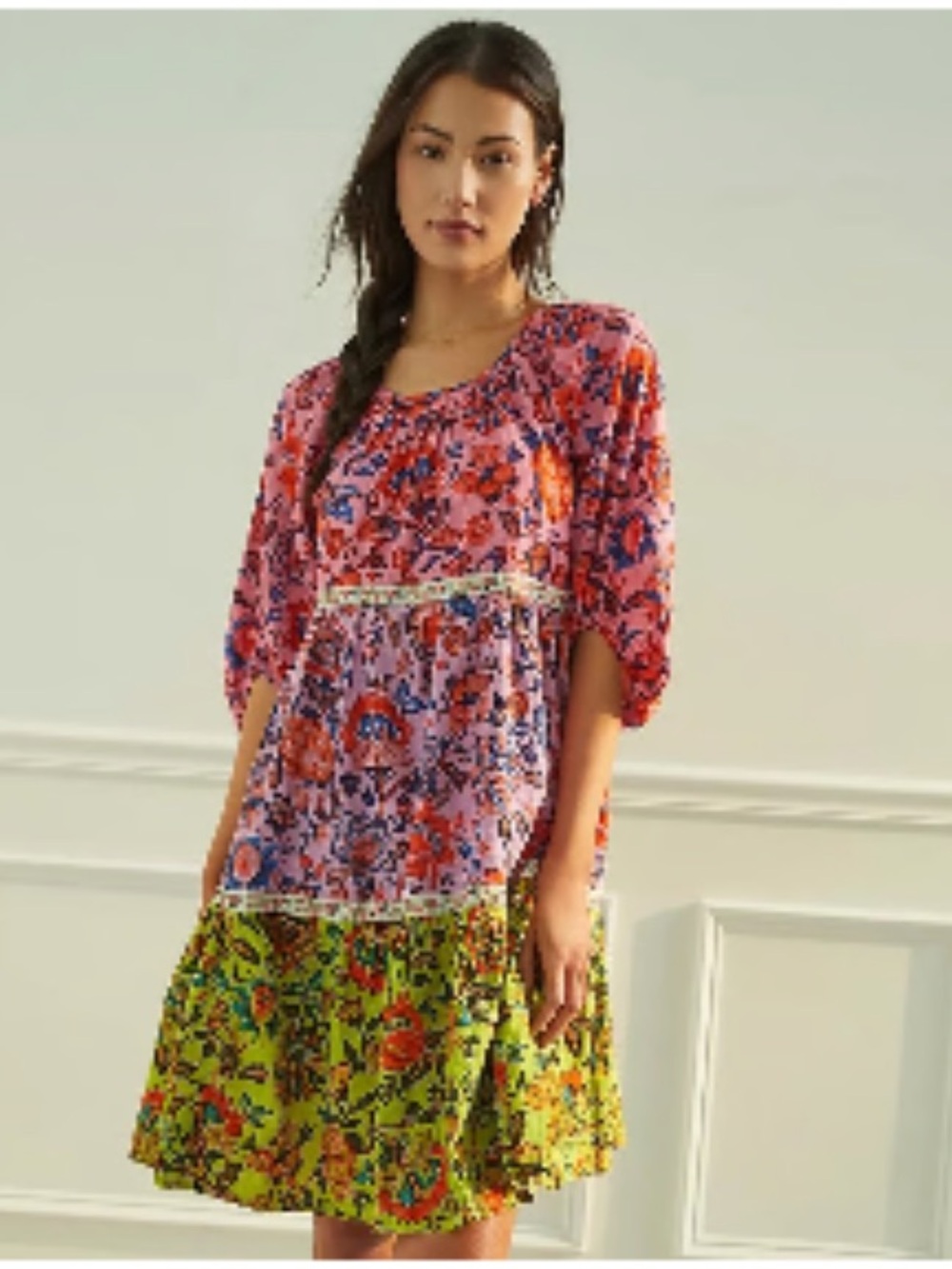 Anthropologie Pink and Lime Floral Tiered Dress